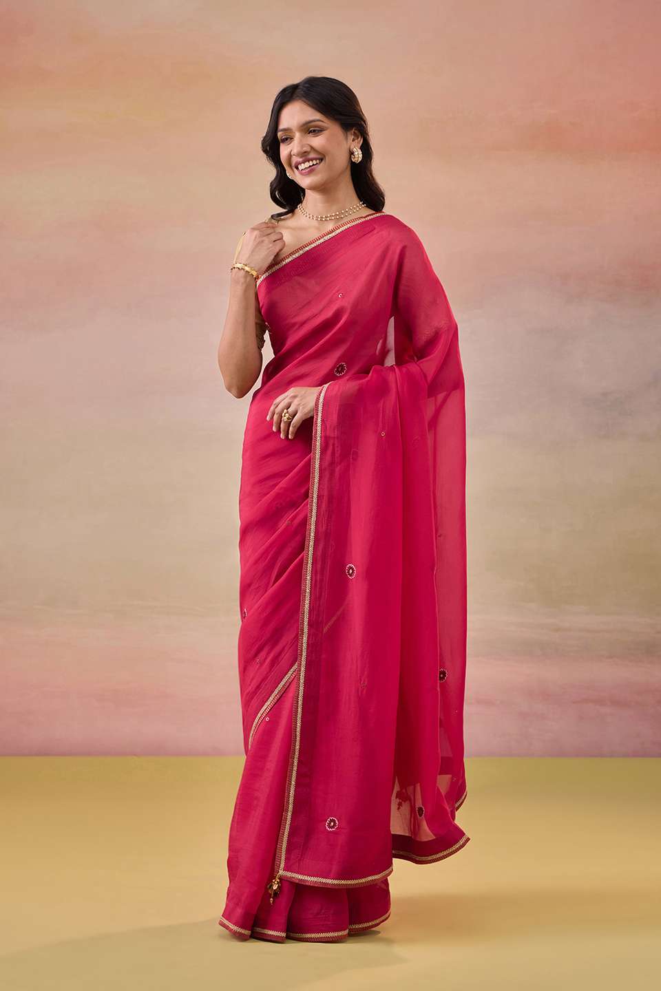 Red Viscose Organza Embroidered Saree