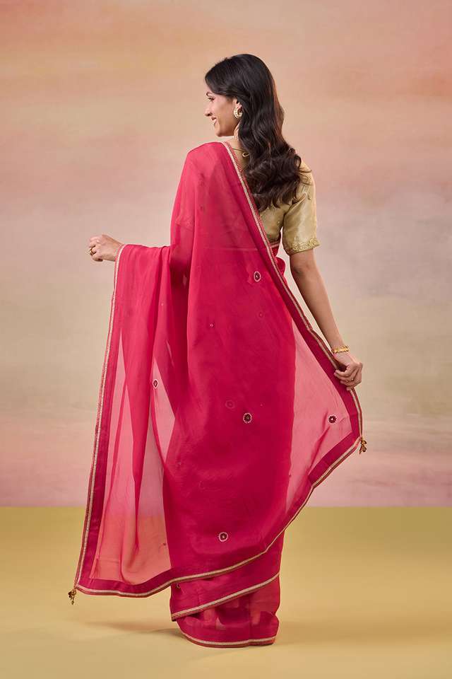 Red Viscose Organza Embroidered Saree thumbnail image number null