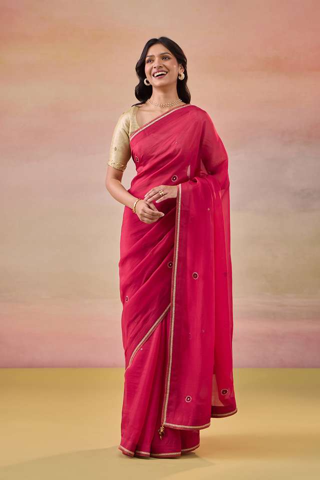 Red Viscose Organza Embroidered Saree thumbnail image number null