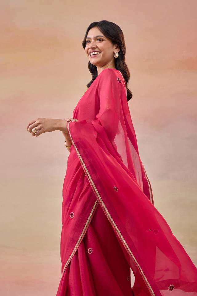 Red Viscose Organza Embroidered Saree thumbnail image number null