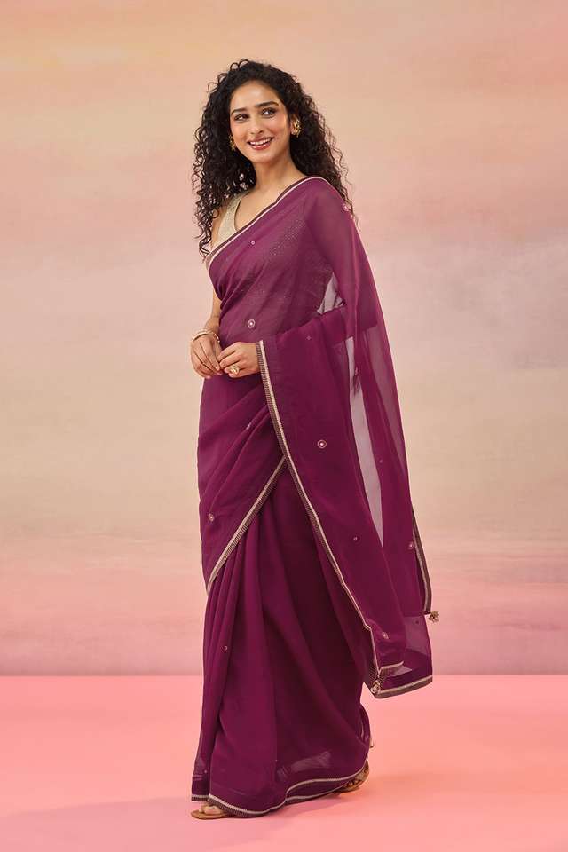 Dark Pink Viscose Organza Embroidered Saree image number