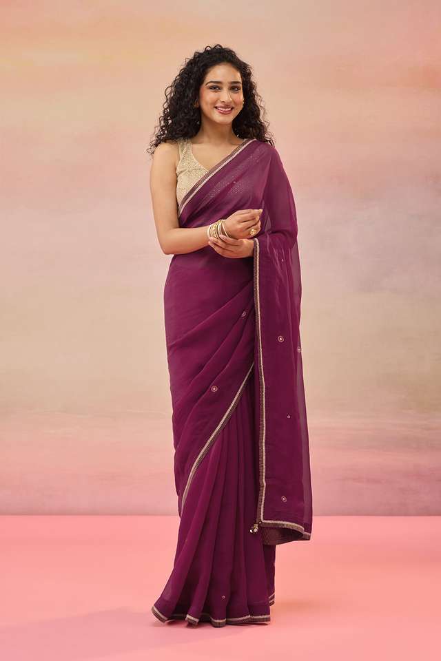 Dark Pink Viscose Organza Embroidered Saree thumbnail image number null