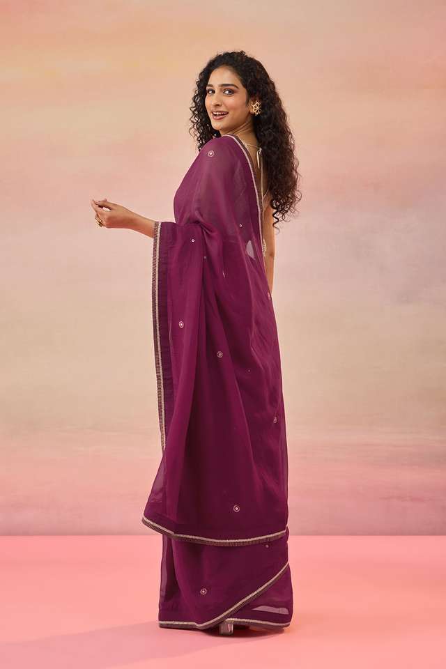 Dark Pink Viscose Organza Embroidered Saree thumbnail image number null