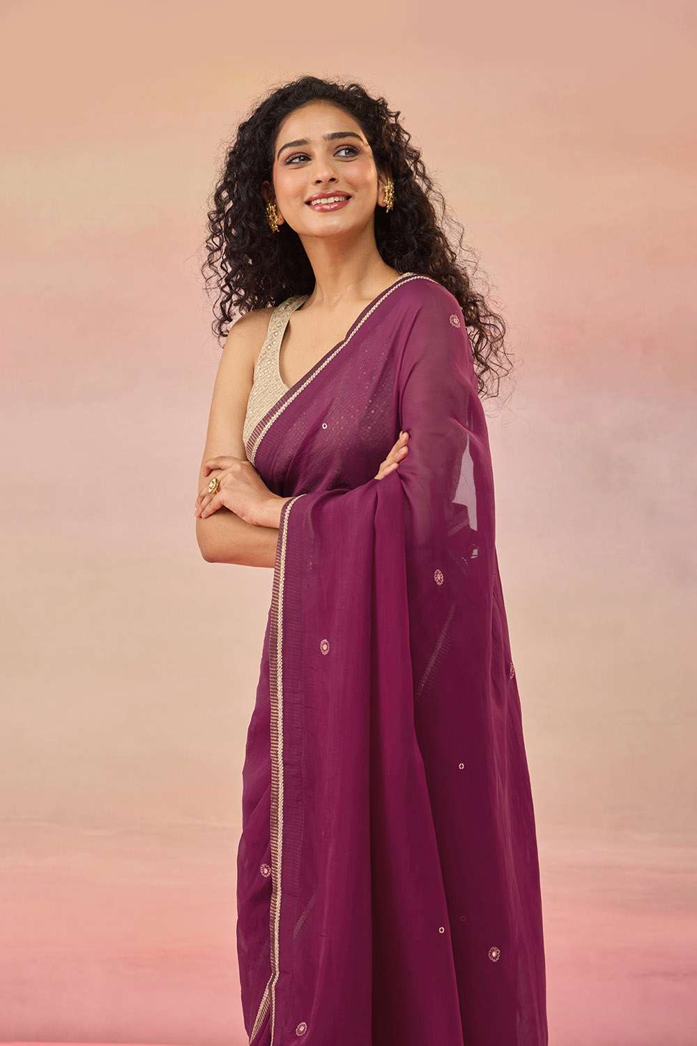 Dark Pink Viscose Organza Embroidered Saree image number null