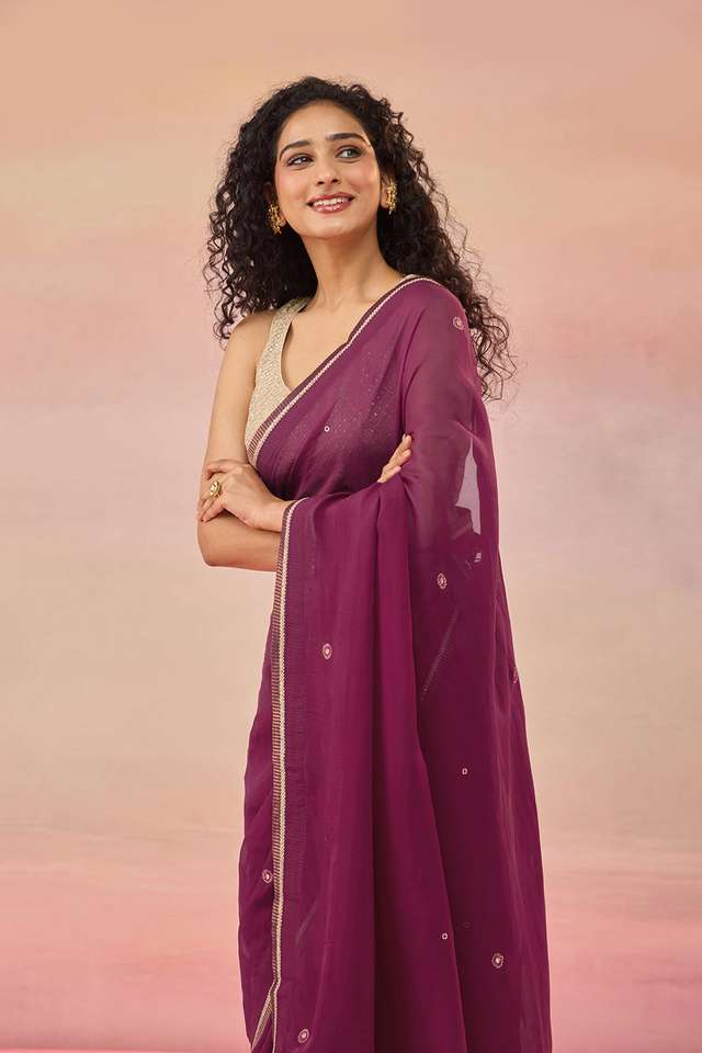 Dark Pink Viscose Organza Embroidered Saree thumbnail image number null