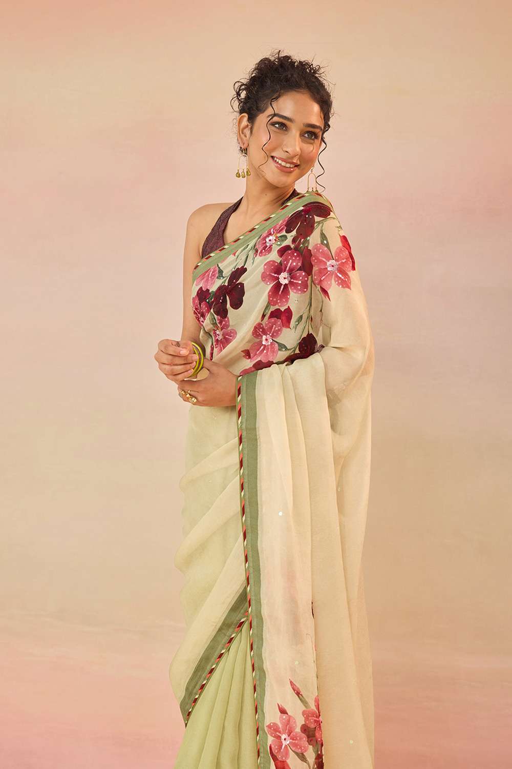 Light Green Viscose Organza Embroidered Saree image number null