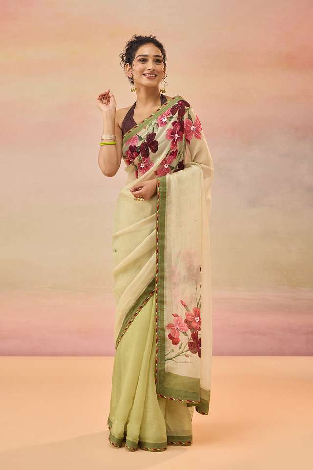 Light Green Viscose Organza Embroidered Saree thumbnail image number null