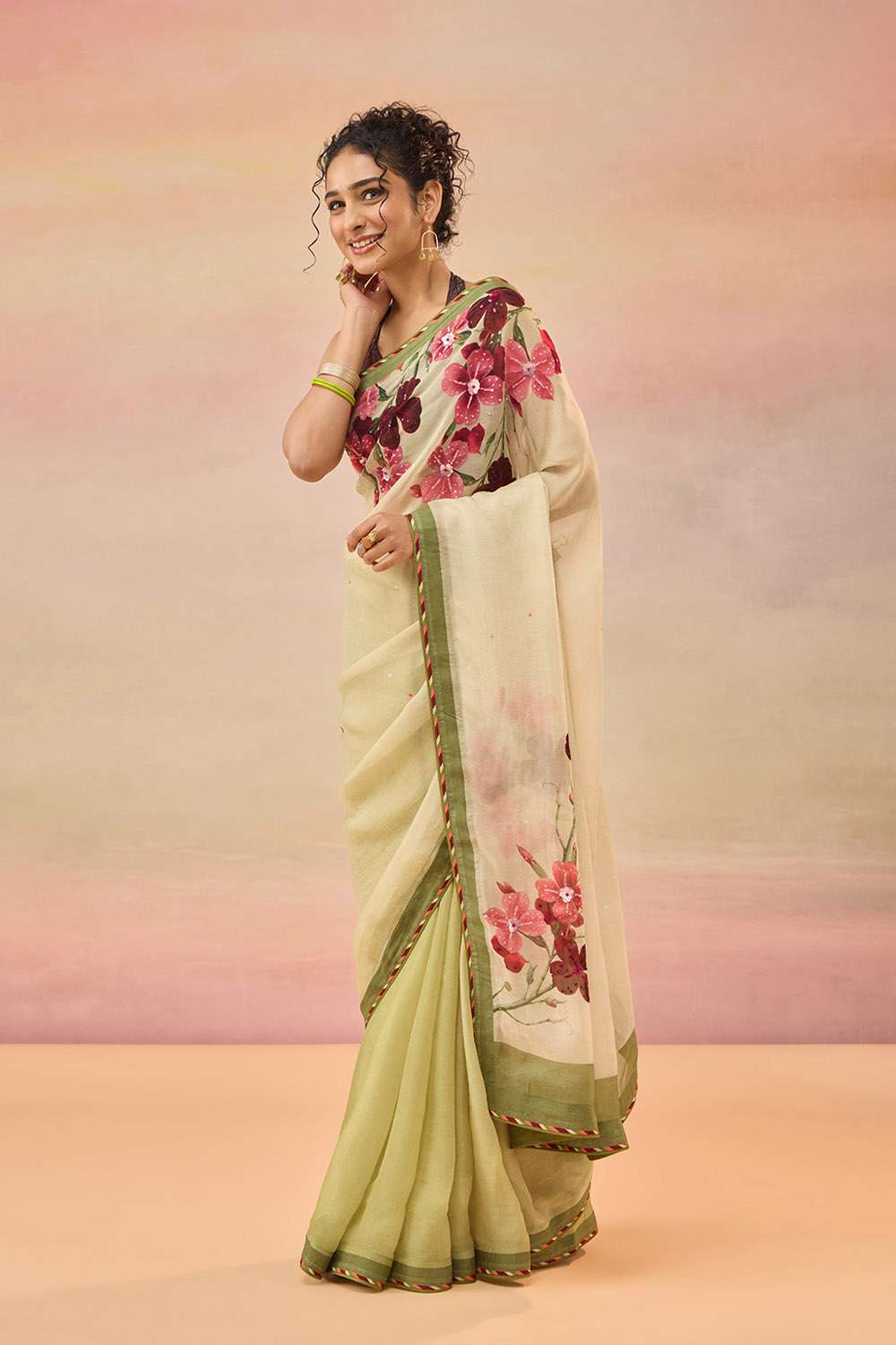 Light Green Viscose Organza Embroidered Saree image number null
