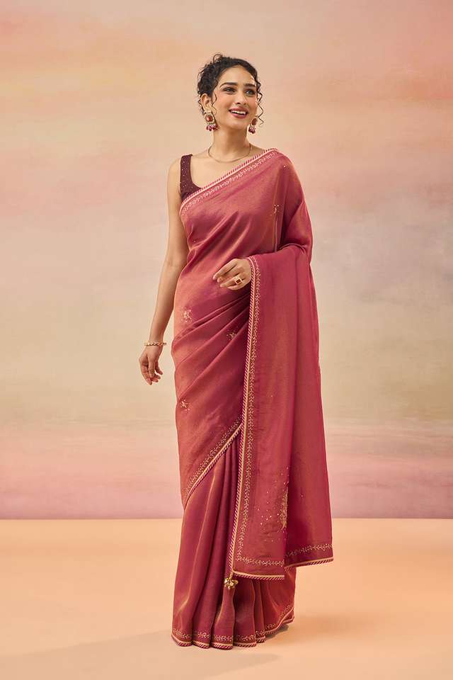 Pink Viscose Tissue Embroidered Saree image number
