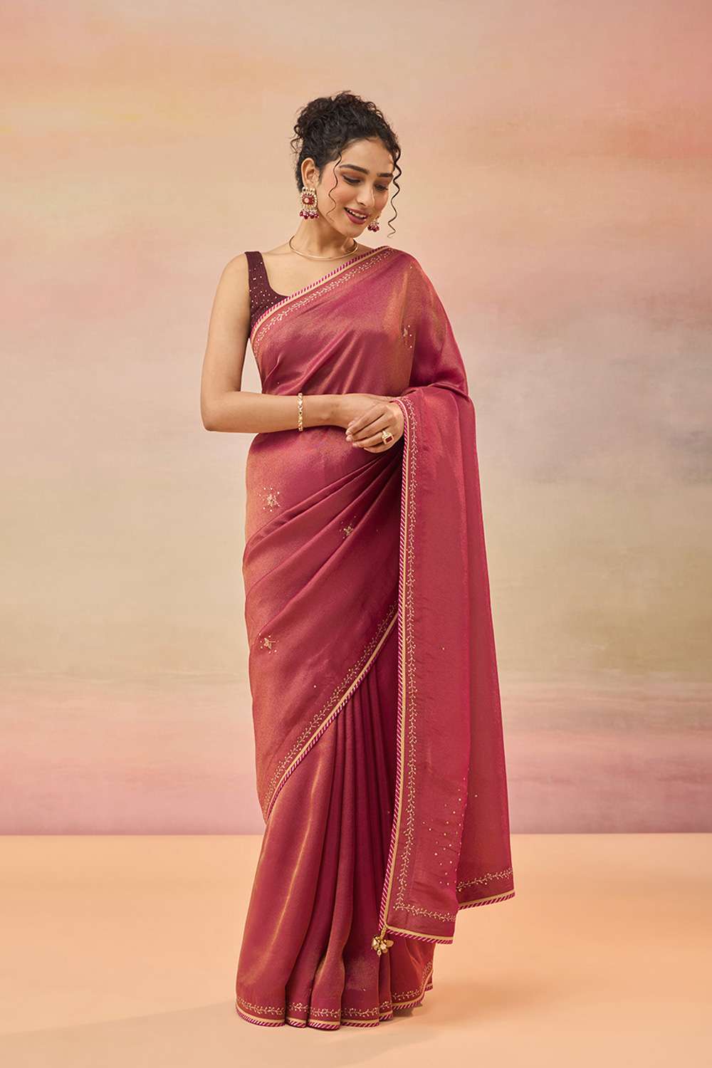 Pink Viscose Tissue Embroidered Saree image number null