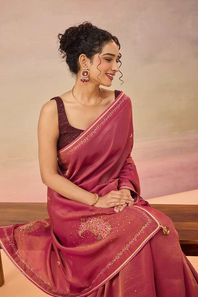 Pink Viscose Tissue Embroidered Saree thumbnail image number null