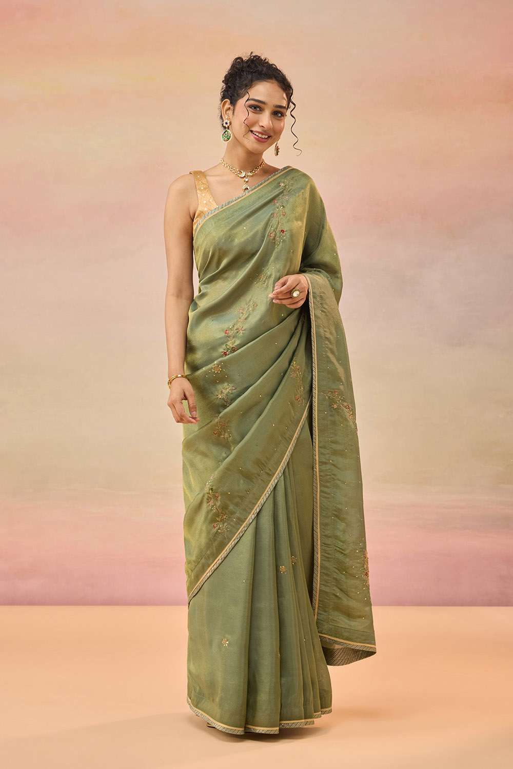 Green Viscose Tissue Embroidered Saree image number null