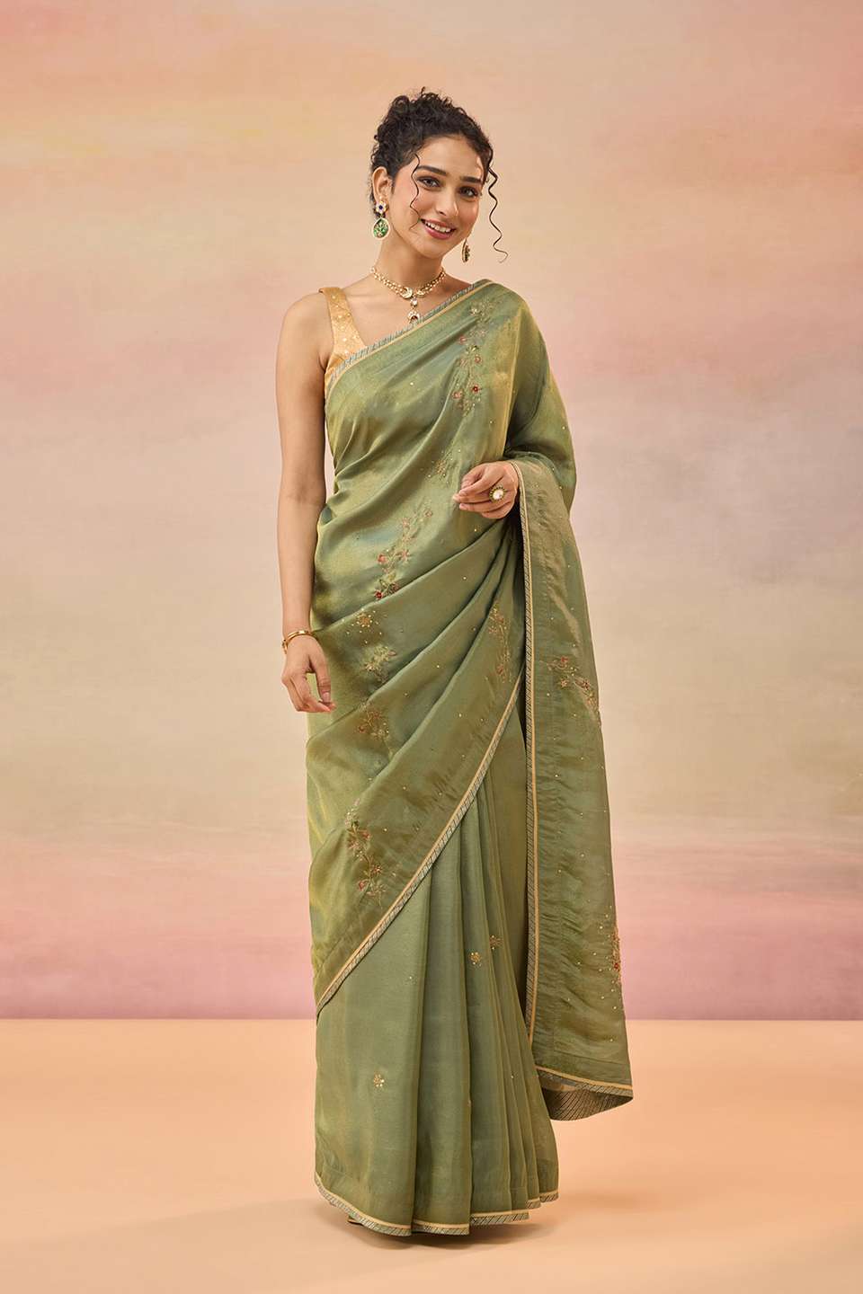 Green Viscose Tissue Embroidered Saree