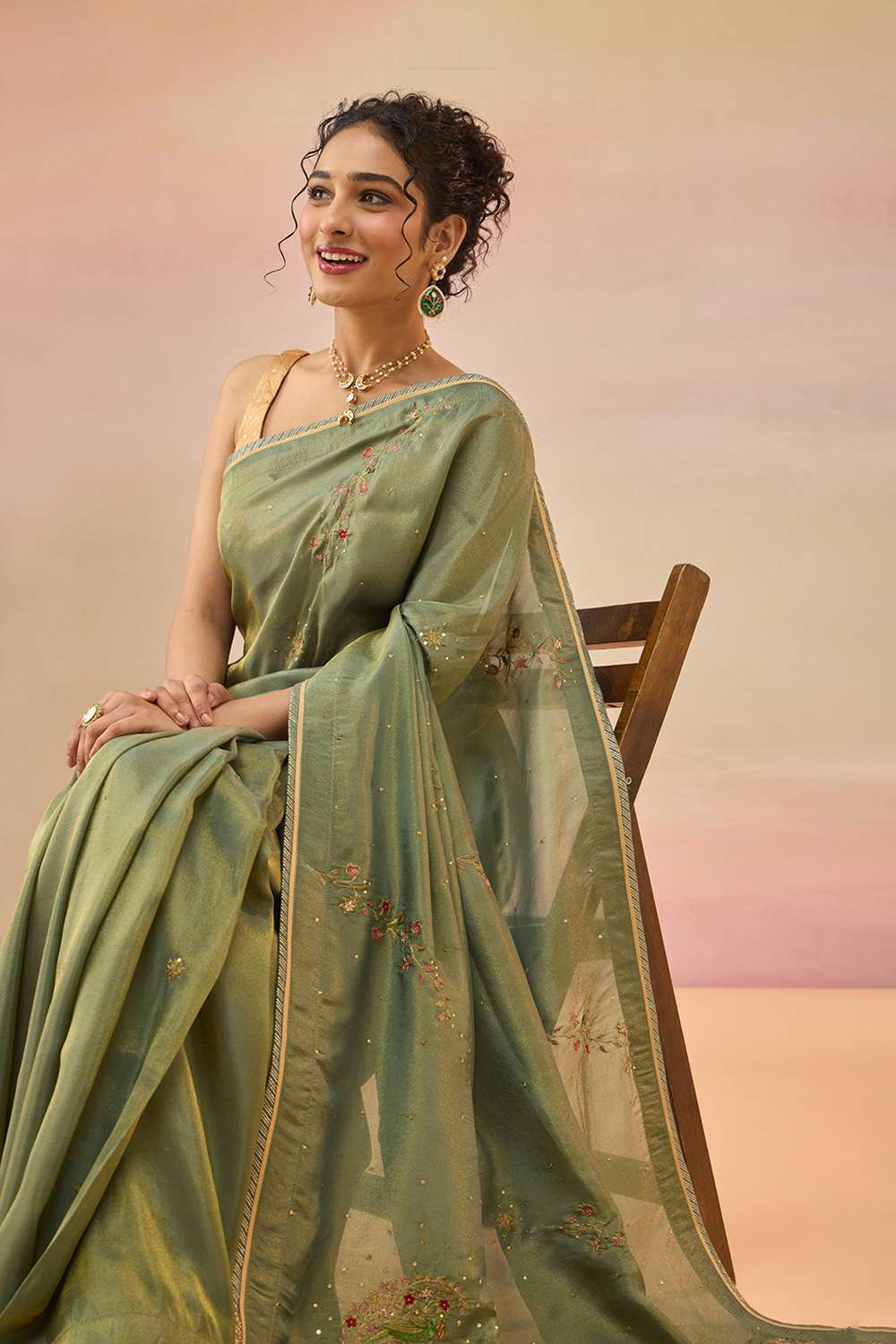 Green Viscose Tissue Embroidered Saree image number null