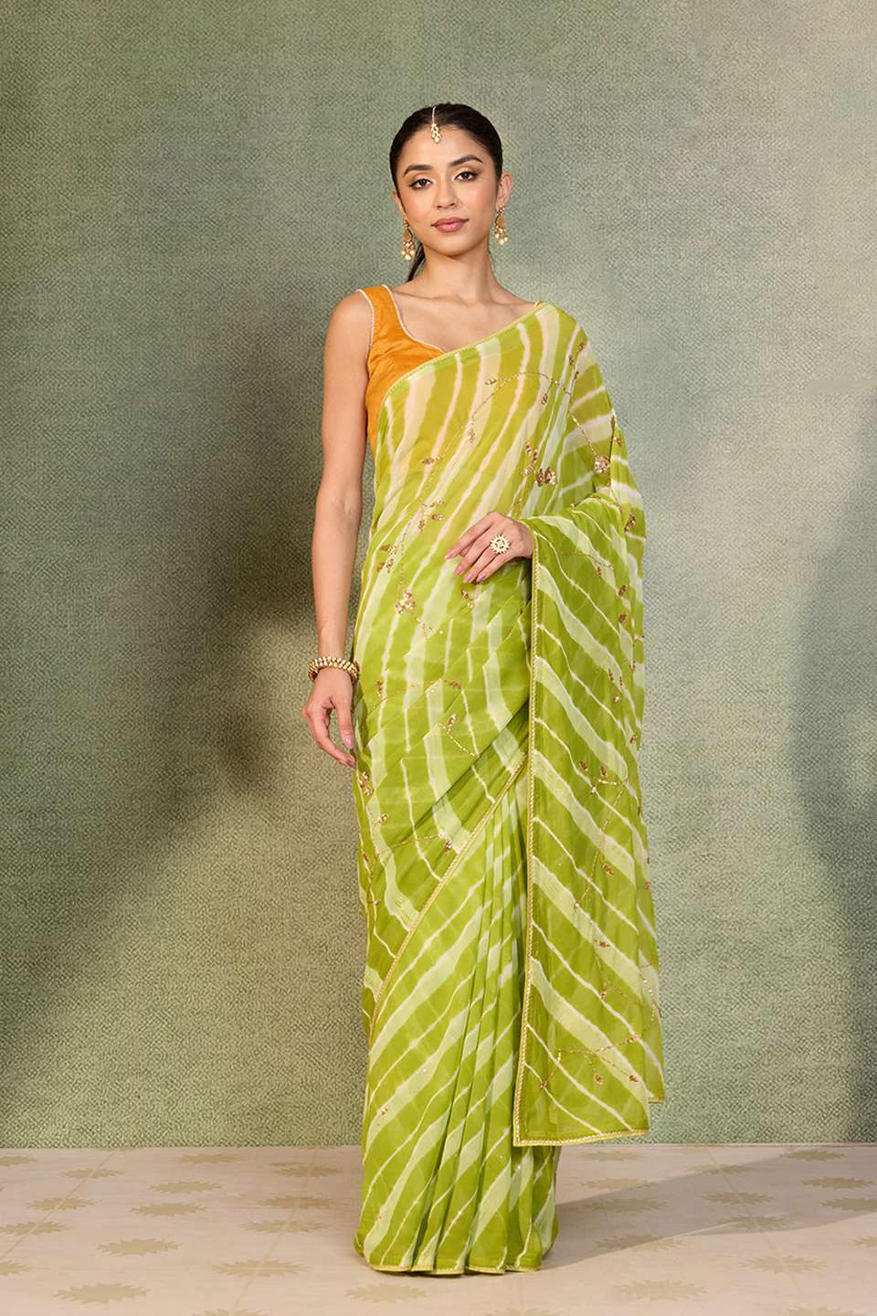 Green Embroidered Viscose Chiffon Saree