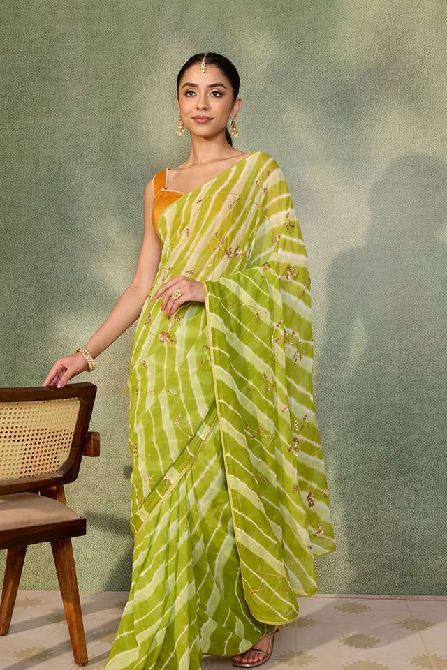 Green Embroidered Viscose Chiffon Saree thumbnail image number null