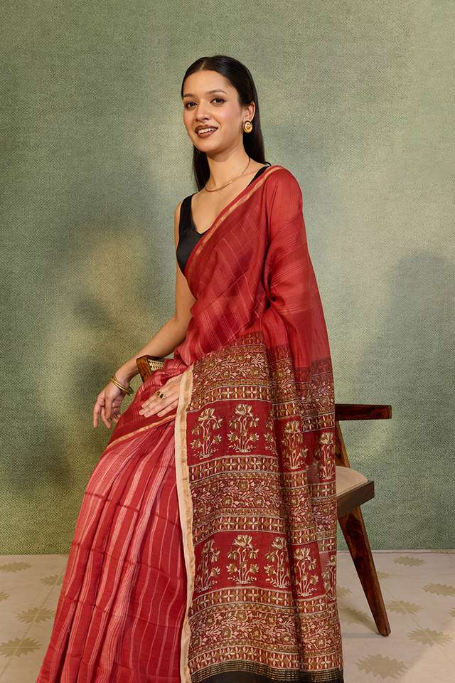 Dark Red Rajasthan Pure Silk Cotton Tie and Dye Shibori Saree thumbnail image number null