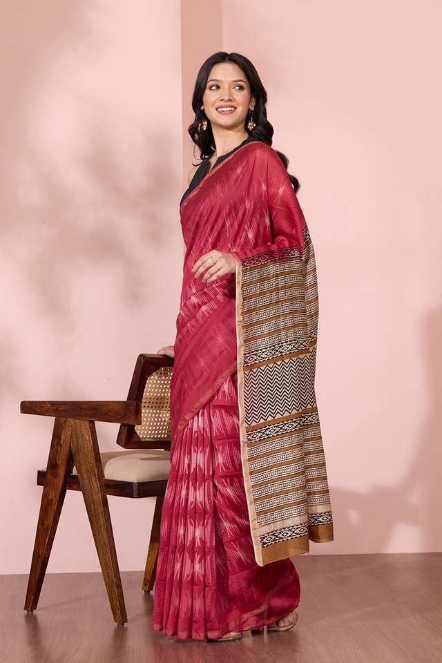 Red Rajasthan Pure Silk Cotton Tie and Dye Shibori Saree thumbnail image number null