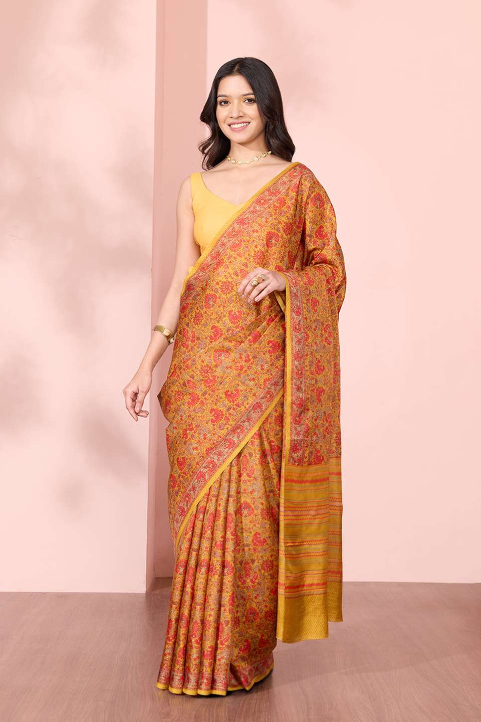 Dark Yellow Screen Printed Pure Silk Saree