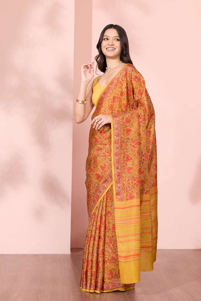 Dark Yellow Screen Printed Pure Silk Saree thumbnail image number null