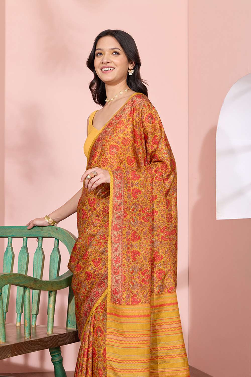 Dark Yellow Screen Printed Pure Silk Saree image number null