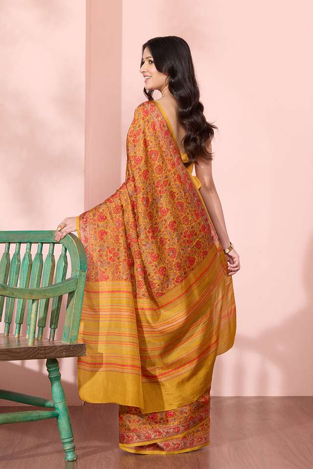 Dark Yellow Screen Printed Pure Silk Saree thumbnail image number null