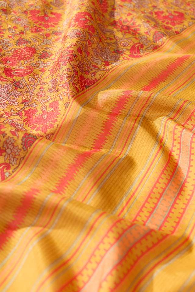 Dark Yellow Screen Printed Pure Silk Saree thumbnail image number null