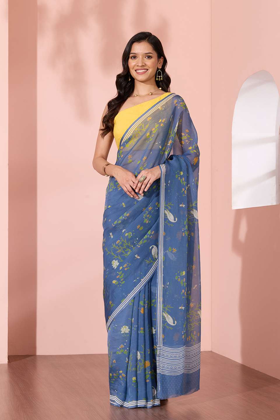 Blue Screen Printed Viscose Organza Saree