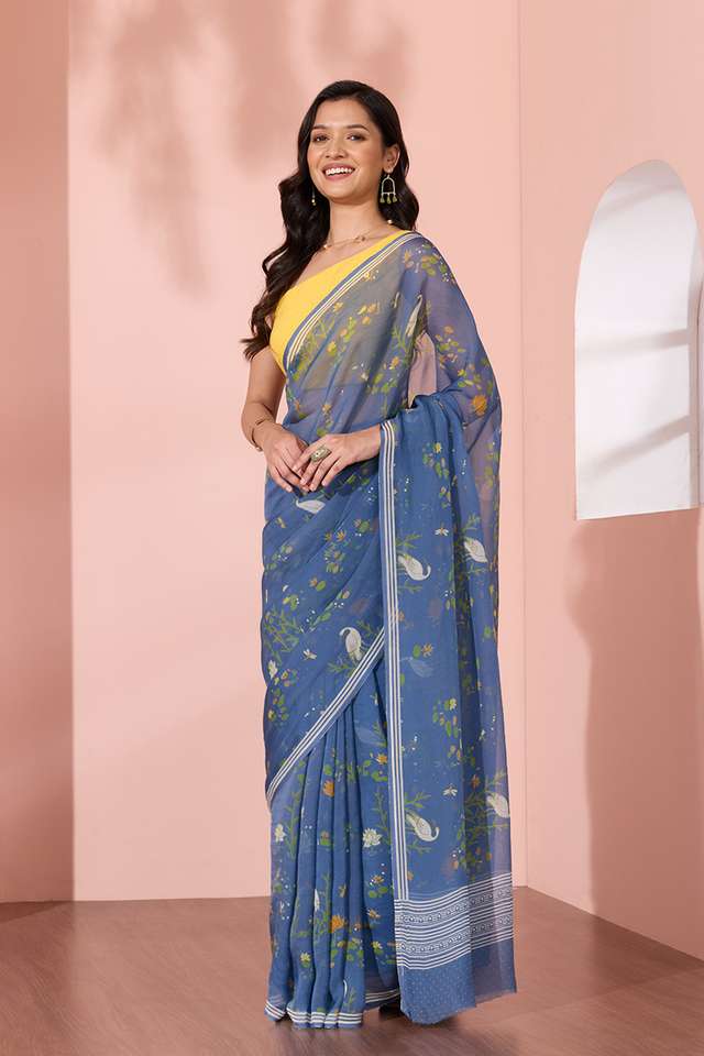 Blue Screen Printed Viscose Organza Saree thumbnail image number null