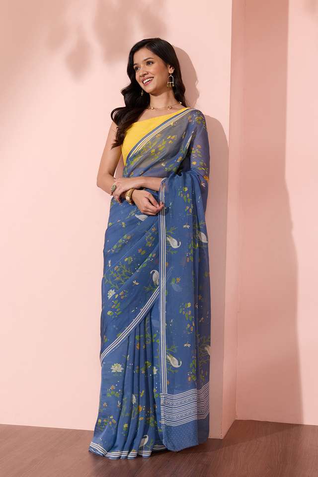 Blue Screen Printed Viscose Organza Saree thumbnail image number null