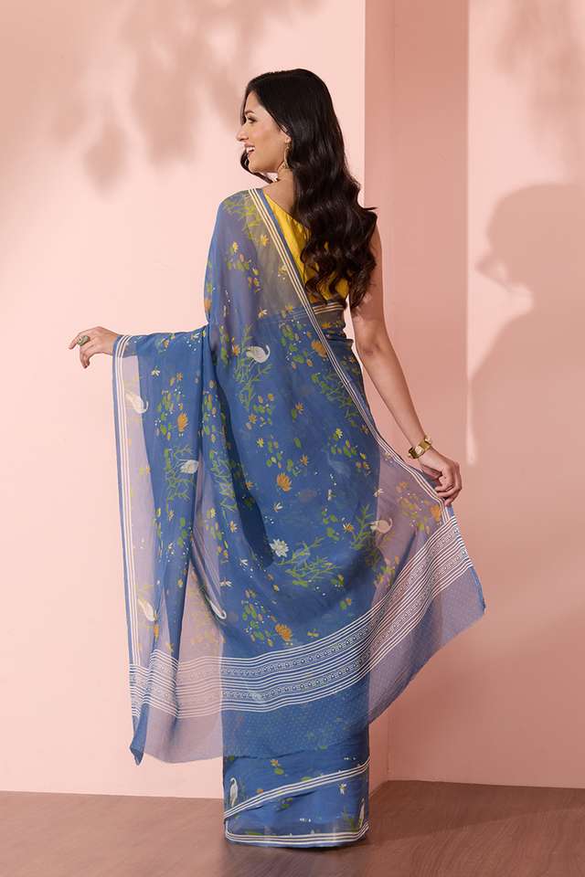 Blue Screen Printed Viscose Organza Saree thumbnail image number null