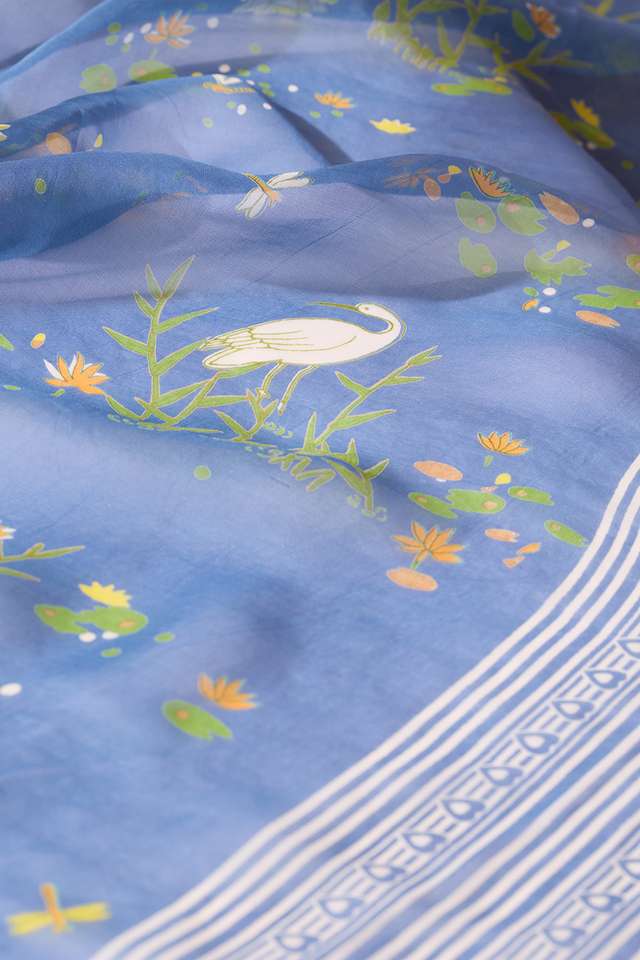 Blue Screen Printed Viscose Organza Saree thumbnail image number null