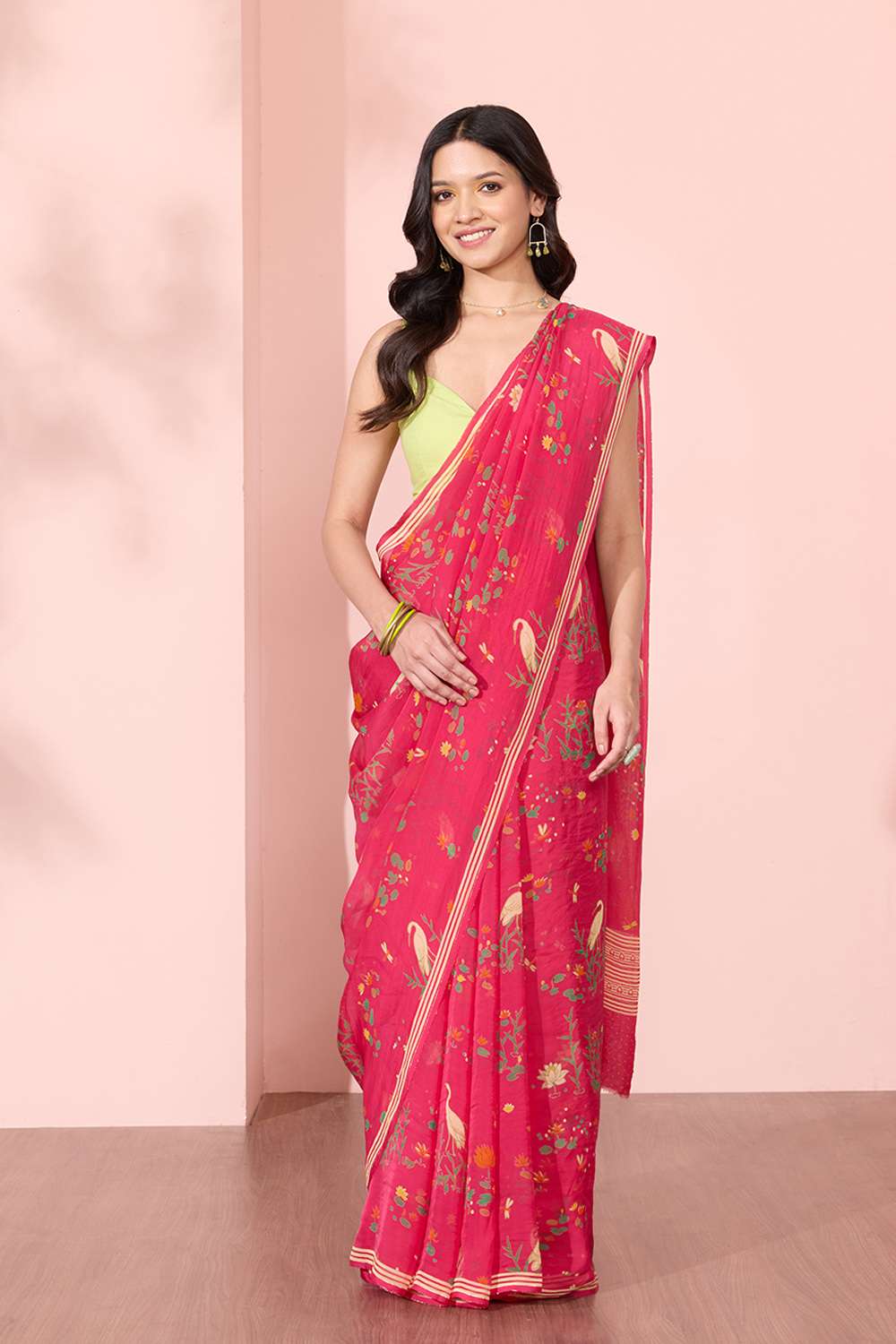 Pink Screen Printed Viscose Organza Saree image number null