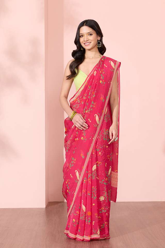 Pink Screen Printed Viscose Organza Saree image number