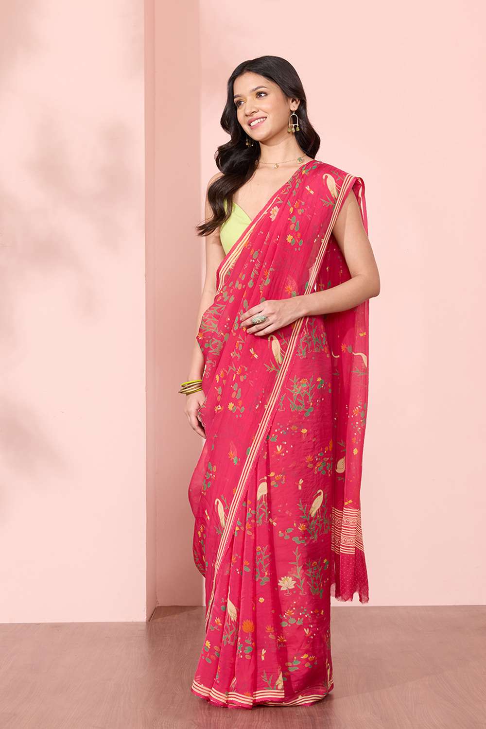 Pink Screen Printed Viscose Organza Saree image number null