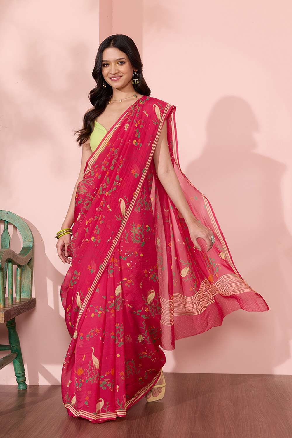 Pink Screen Printed Viscose Organza Saree image number null