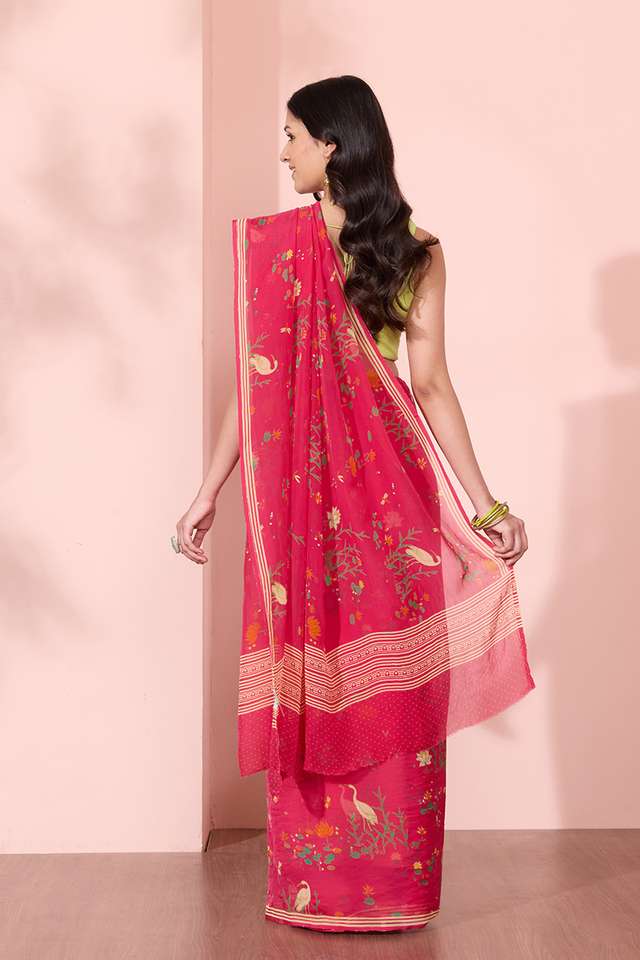 Pink Screen Printed Viscose Organza Saree thumbnail image number null