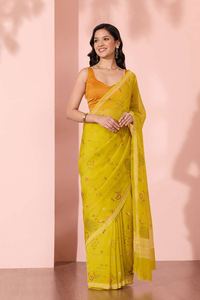 Light Green Screen Printed Viscose Organza Saree image number