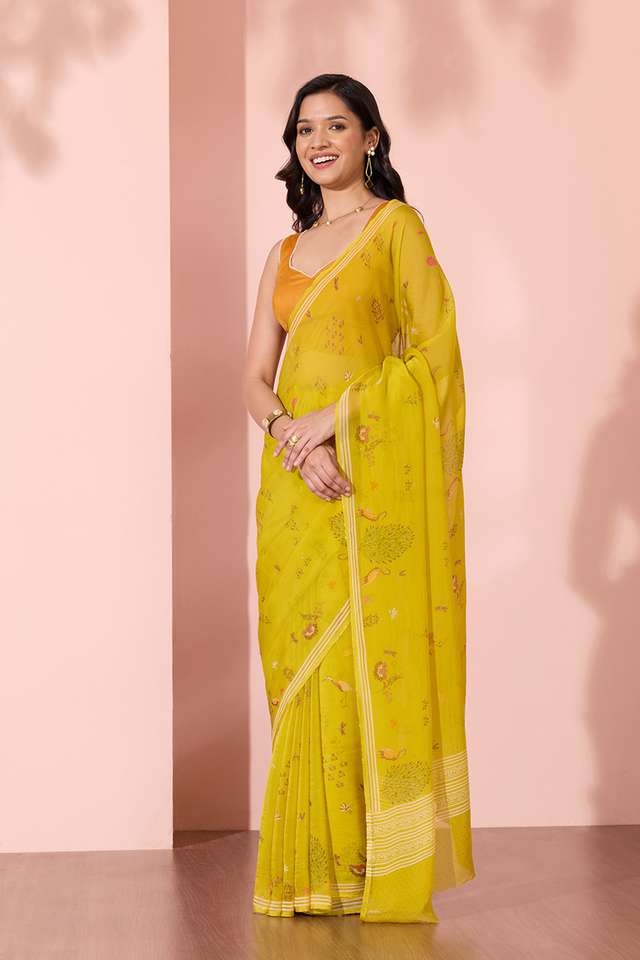 Light Green Screen Printed Viscose Organza Saree thumbnail image number null