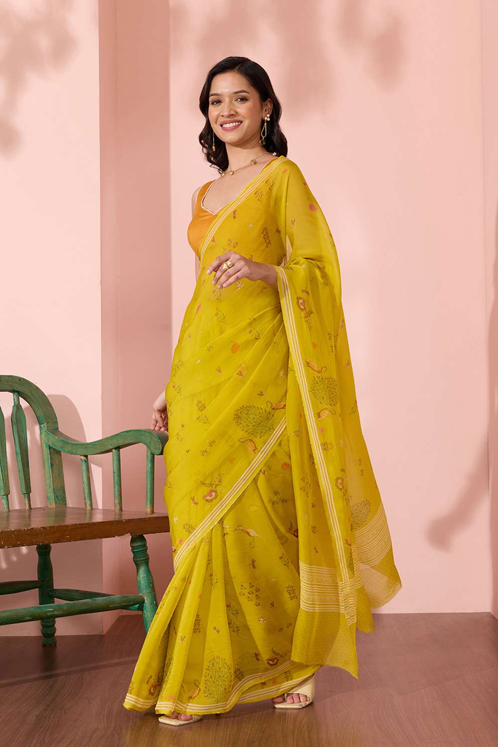 Light Green Screen Printed Viscose Organza Saree image number null