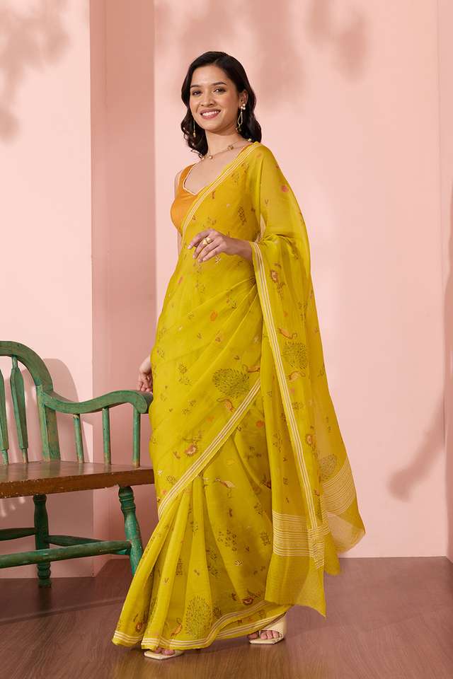Light Green Screen Printed Viscose Organza Saree thumbnail image number null