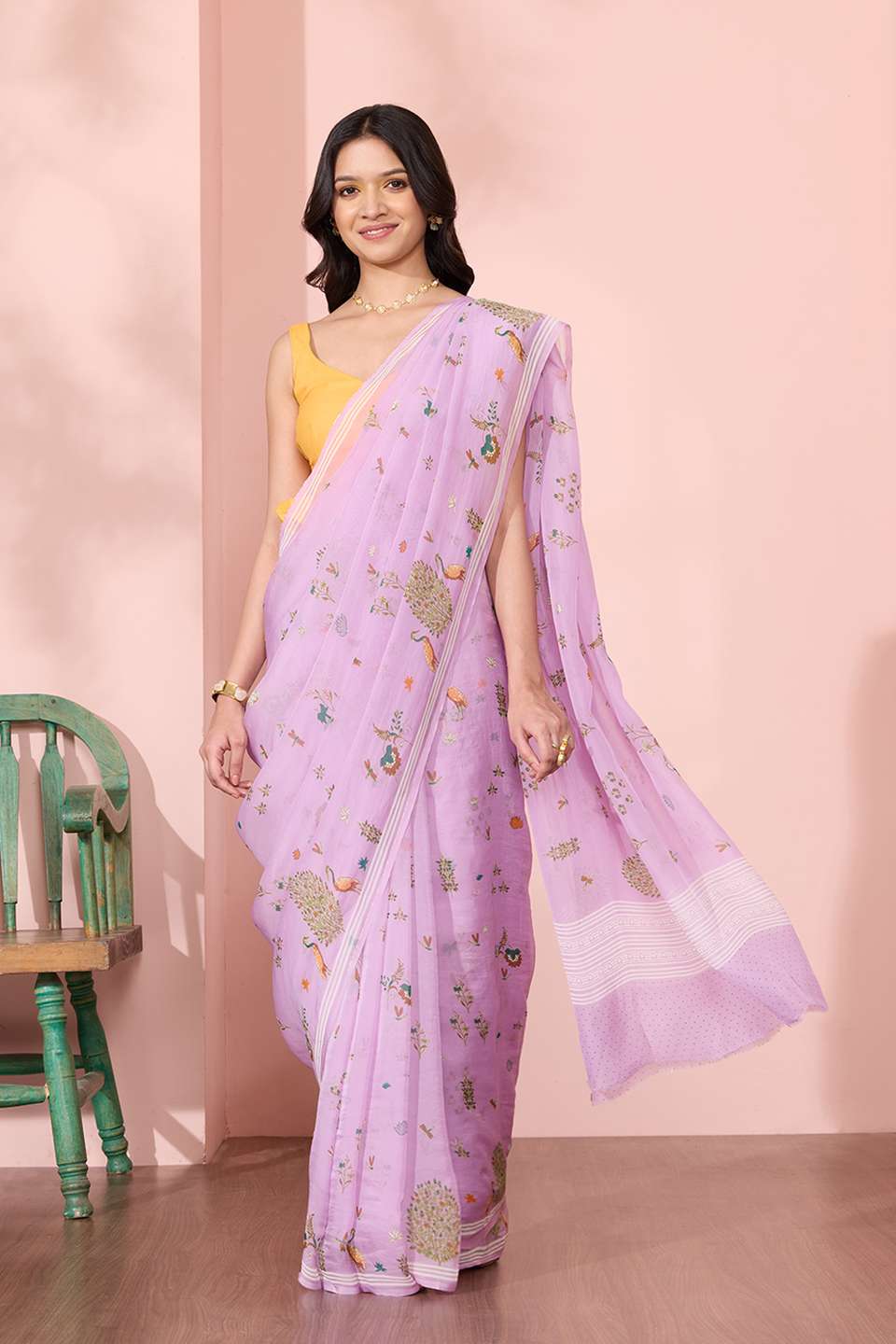 Light Violet Screen Printed Viscose Organza Saree