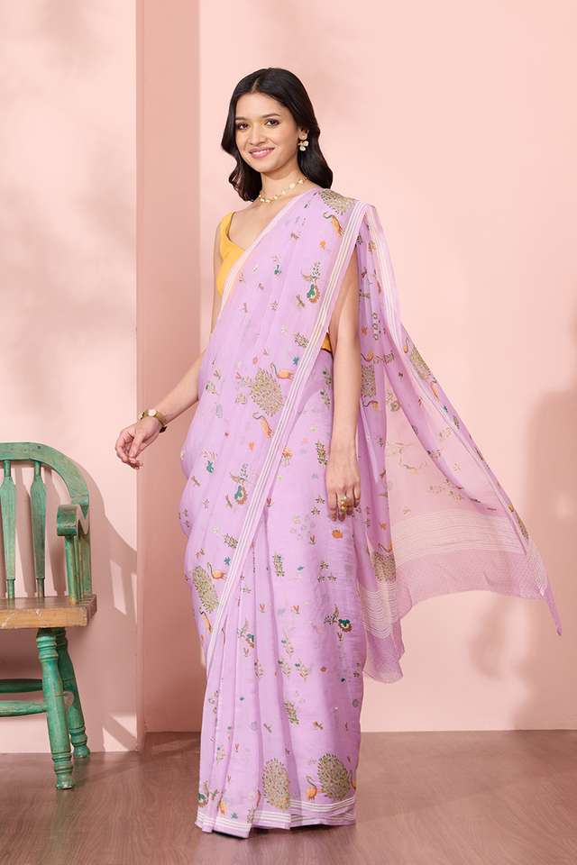 Light Violet Screen Printed Viscose Organza Saree thumbnail image number null
