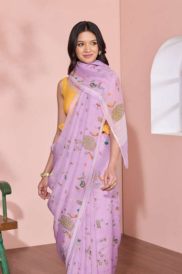Light Violet Screen Printed Viscose Organza Saree thumbnail image number null