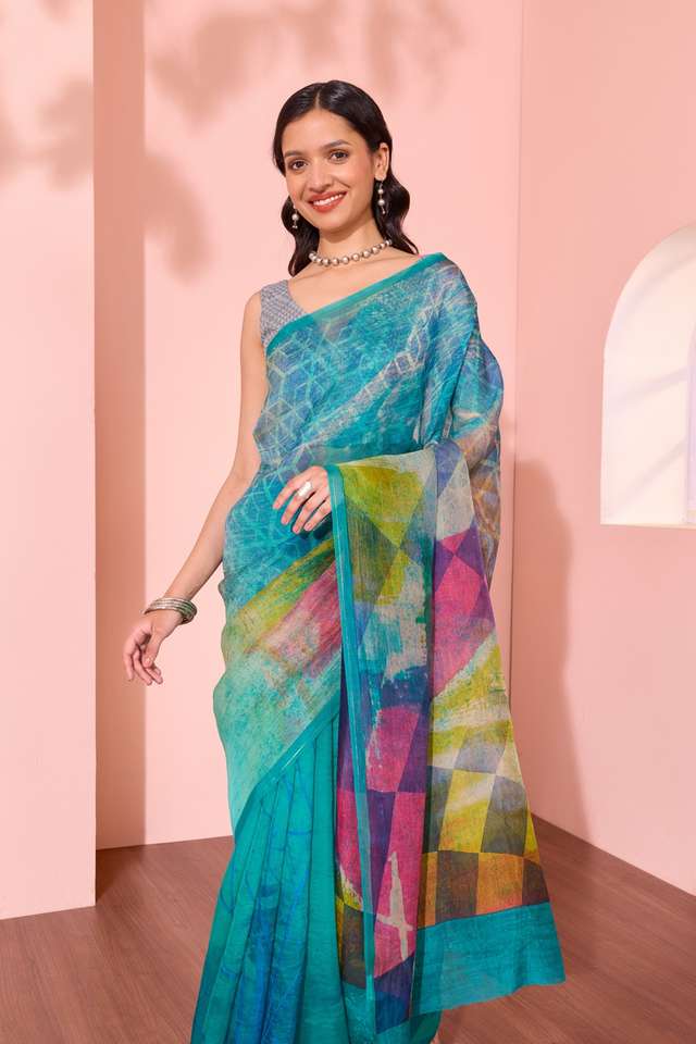 Light Blue  Printed Pure Silk Organza Saree image number