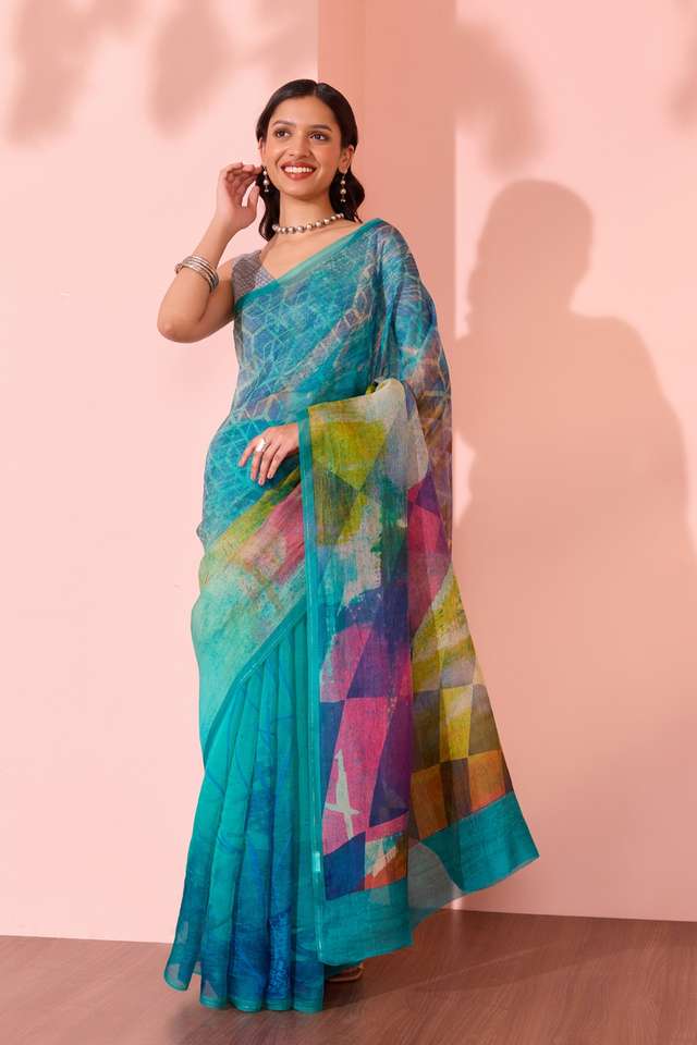 Light Blue  Printed Pure Silk Organza Saree thumbnail image number null