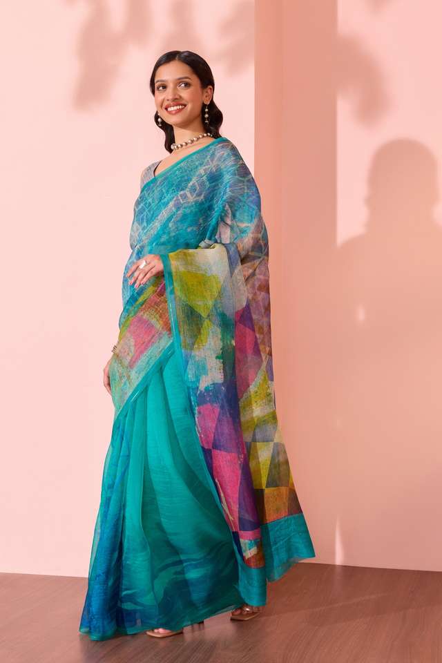 Light Blue  Printed Pure Silk Organza Saree thumbnail image number null