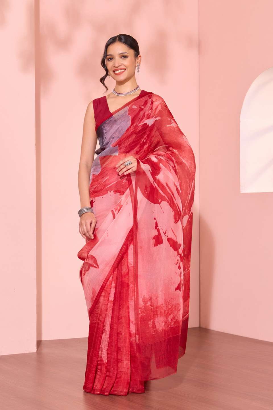 Pink  Printed Pure Silk Organza Saree