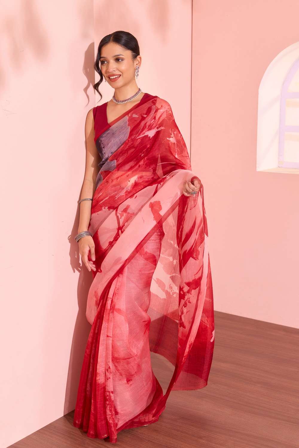 Pink  Printed Pure Silk Organza Saree image number null