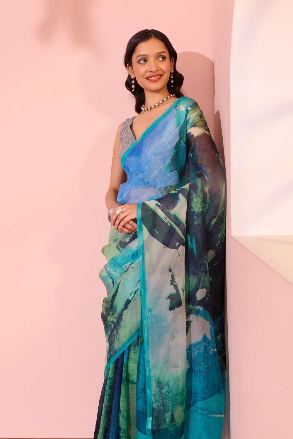 Blue  Printed Pure Silk Organza Saree image number null